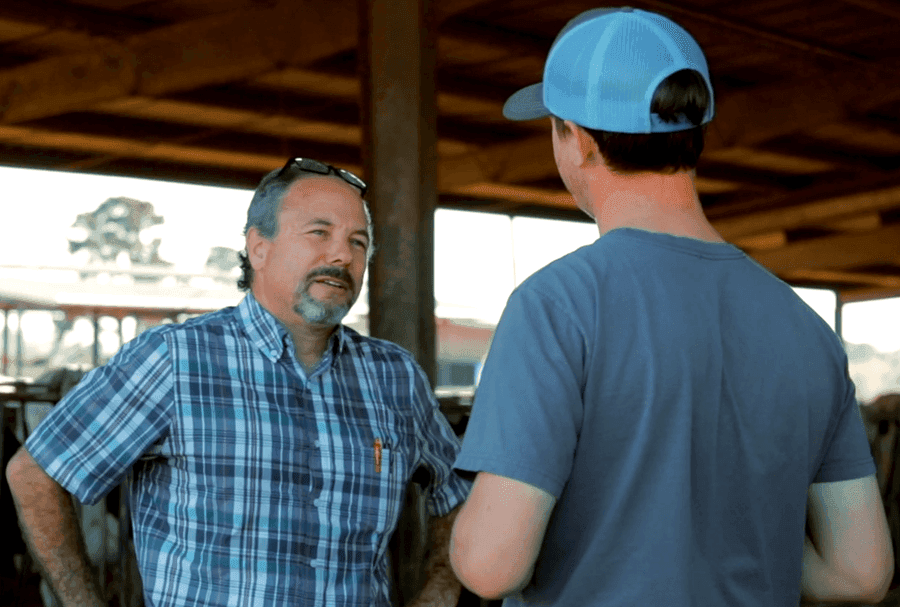 Two men talking in a shaded barn, dairy cows behind them.